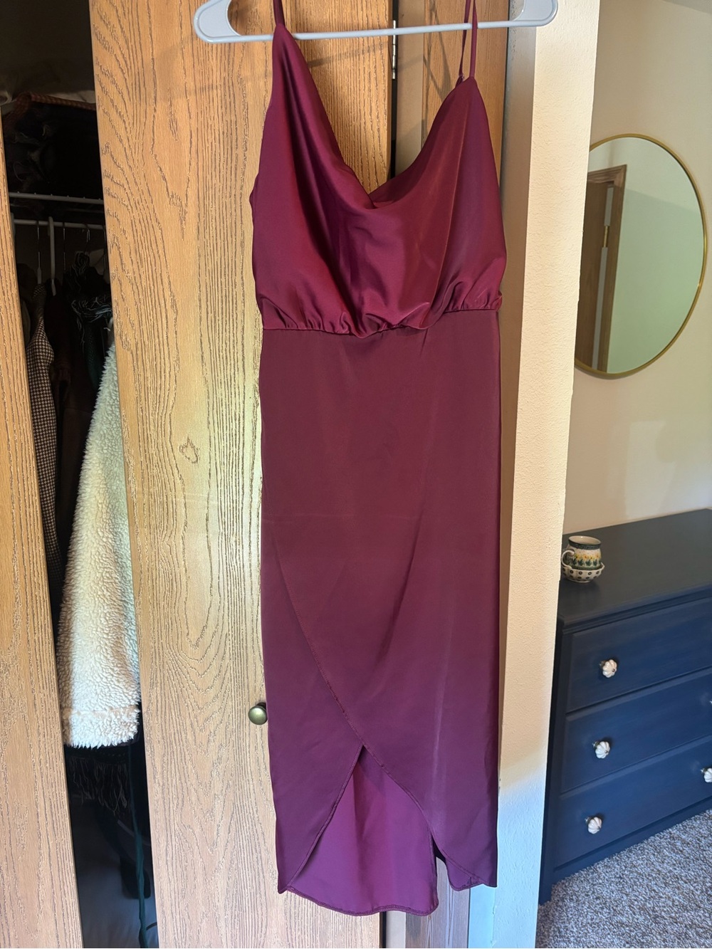 Slip Midi Dress with Cowl Neck in Burgundy